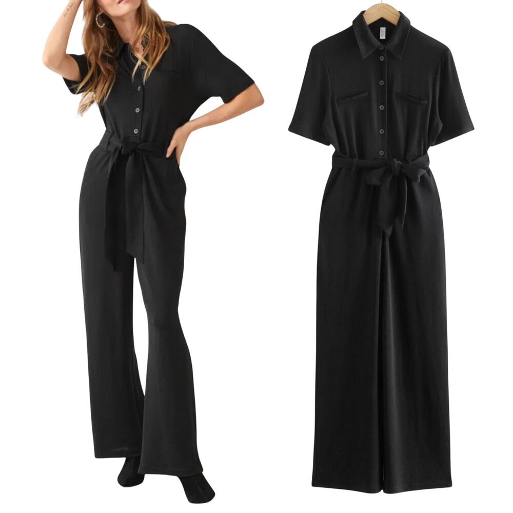 & Other Stories Jumpsuit Knit Wide Leg Jumpsuit Collared Button Front Black
